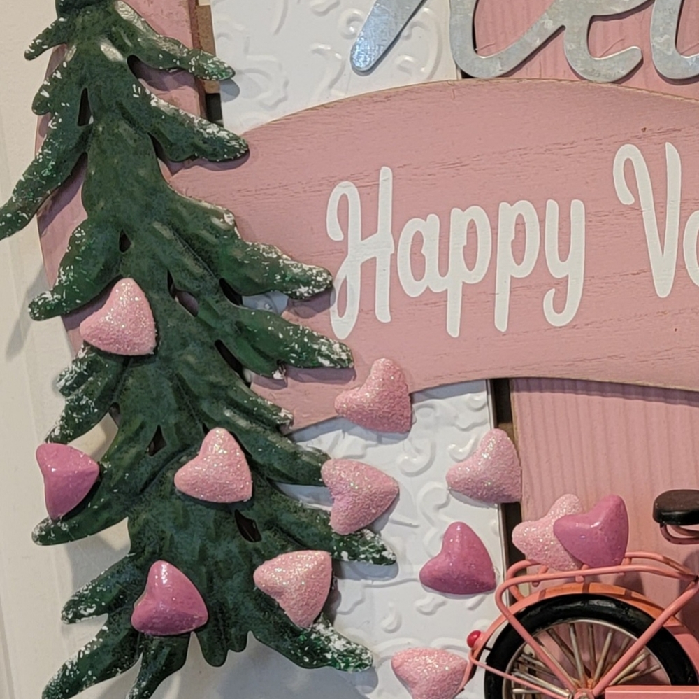 Valentine's Day Bike Adventure Plaque Wall Decor Wreath Pink Wood Tin - Picture 4 of 4